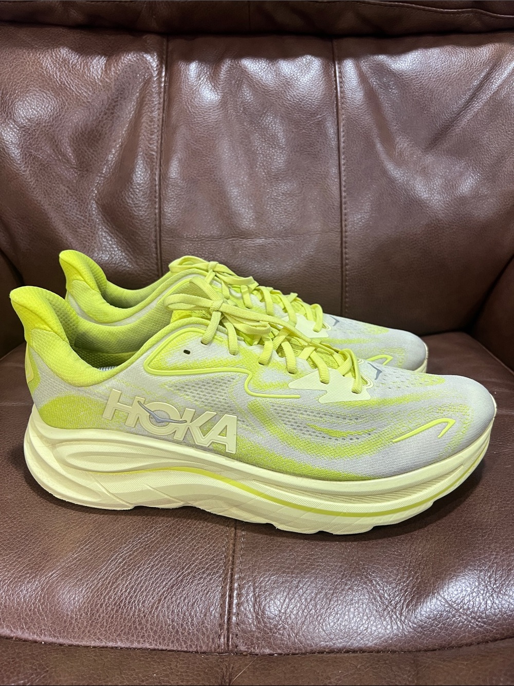 Hoka Clifton 10 Neon Yellow and Cream Road Running Shoes Size 14D